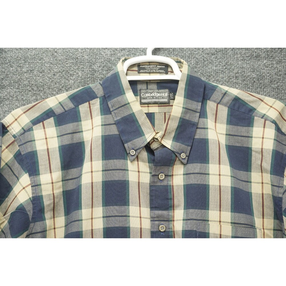 Vintage Cambridge Hall Shirt Mens XL 17.5 Made in USA Plaid Permanent Press